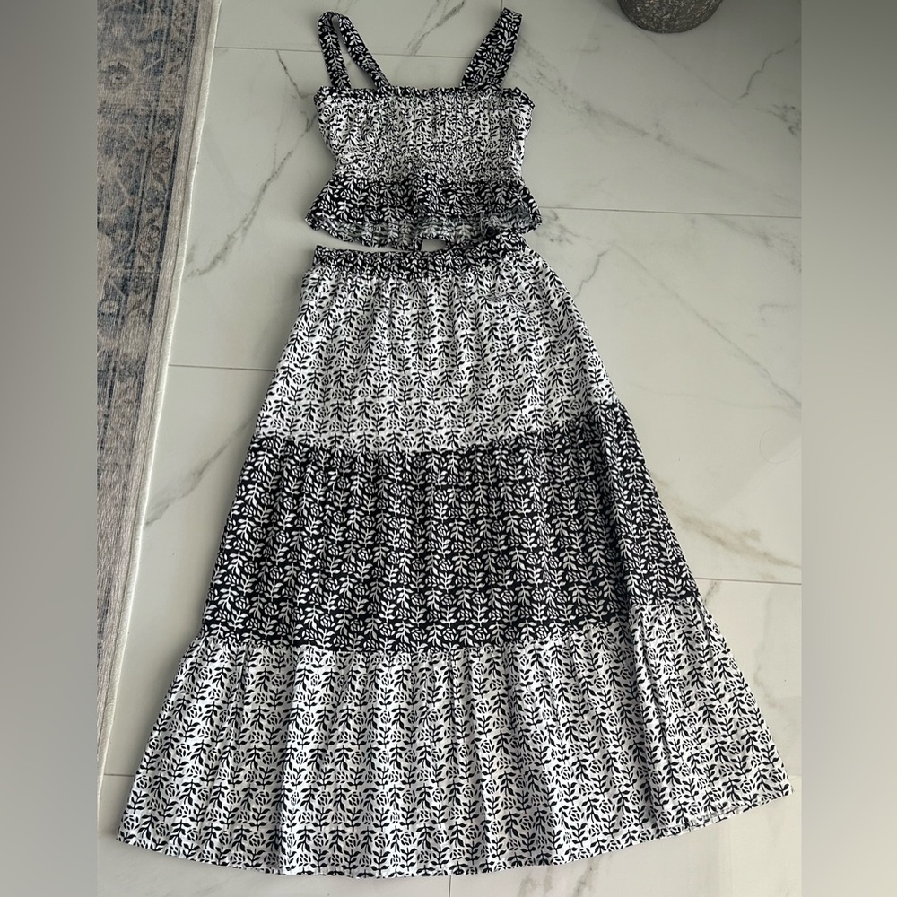 Loft Floral Plaid Peplum Cami and Tiered Midi Skirt Set